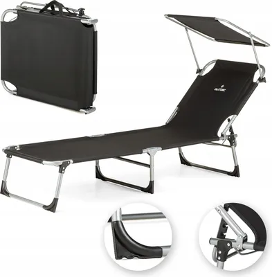 A black foldable sun lounger with a canopy, shown both folded and unfolded, with close-up details of its construction.