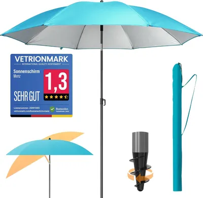 Produktbild von Sonnenschirm Strand Ø 180 cm SunnyJoy, Türkis - UPF 50+ Strandschirm, sicherer Sonnenschutz Strand, Strandschirm windfest stabil - Sonnenschirm