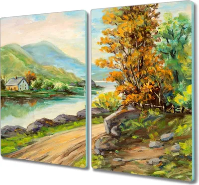 Produktbild von Coloray Hackbrett Küchenbrett Kochplattenabdeckung Schneidebrett Herdabdeckplatte 2x30x52 cm - Das Dorf Baum Fluss