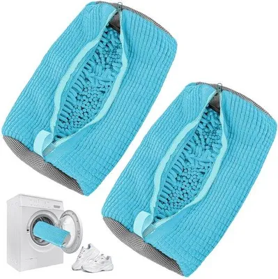 Obrázok produktu pre Uniqoos® umývacie vaky na topánky so zipsom – 2-dielna sada, polyester, 39 x 19 cm, ochrana a čistenie topánok v práčke, žltá/sivá/modrá
