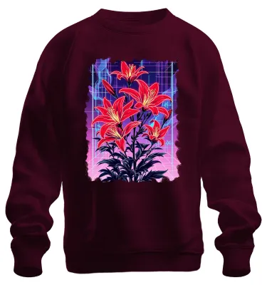 Immagine prodotto di Felpa unisex, stile retrò anni '80, con motivi floreali fluorescenti, ispirata all'estetica cyberpunk e vaporwave. Disponibile in colore rosa acceso