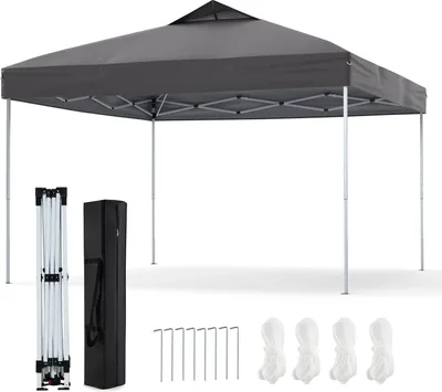 A gray pop-up canopy tent is shown fully assembled, with its folded frame, carrying bag, stakes, and ropes displayed separately.