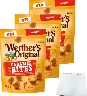 Produktbild von Werther's Original Blissful Caramel Bites Crunchy 3er Pack (3x140g Beutel) + usy Block