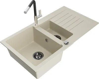 Produktbild von Mexen Matias 1,5-Becken-Granitspüle mit Abtropffläche und Mischbatterie Flora, Beige - 6502-69-670401-07-B