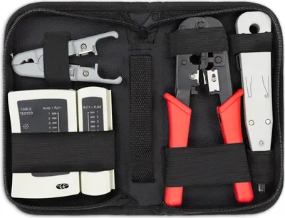 Produktbild von deleyCON 4-teiliges Netzwerk Werkzeug Set Mit Tasche Kabeltester Crimpzange LSA Auflegewerkzeug Abisolierzange IT Computer Netzwerk LAN CAT Werkzeug RJ11 RJ12 RJ45