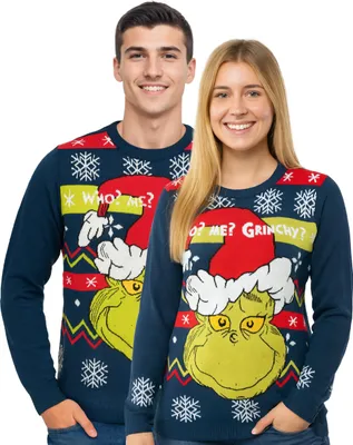 Produktbild von The Grinch Weihnachtspullover für Herren & Damen - Who? Me? Grinchy? Winter Strick Pullover Sweatshirt Ugly Christmas Sweater Uni Weihnachten Blau S