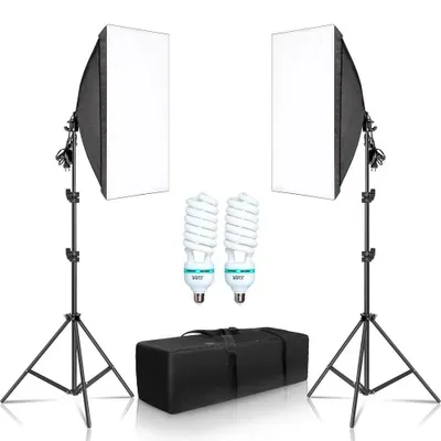 Zdjęcie produktu dla Zestaw oświetleniowy z softboxem, regulowany statyw oświetleniowy, kompatybilność z gwintem E27, żarówki o mocy 135 W