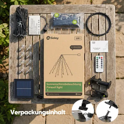 Produktbild von Sekey Sonnenschirm Beleuchtung Solar Lichterkette, 4 Meter 136 LEDs Garten LED-Leuchten