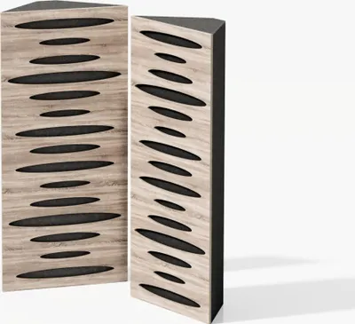 Two acoustic corner bass traps with a wood-grain finish and black inserts are shown against a white background.