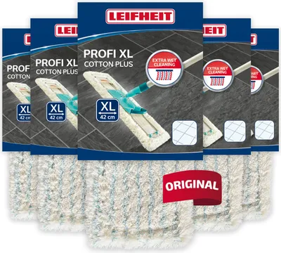 A product shot of multiple packages of Leifheit Profi XL Cotton Plus mop heads, with a red 'ORIGINAL' banner.