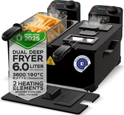 A black dual deep fryer with a basket of french fries, displaying marketing text and logos.