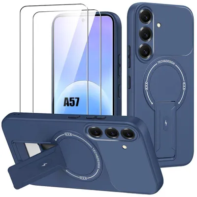 Image de Coque + 2 Verres Trempés pour Samsung Galaxy A57 5G, Silicone avec Cercle Magnétique - Bleu Marine