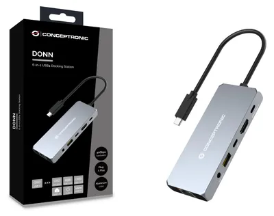 Productafbeelding van Conceptronic DONN22G CONCEPTRONIC 6-in-1 USB-C dock: USB-C naar HDMI, USB-A, GbE, AUX, + 18 cm