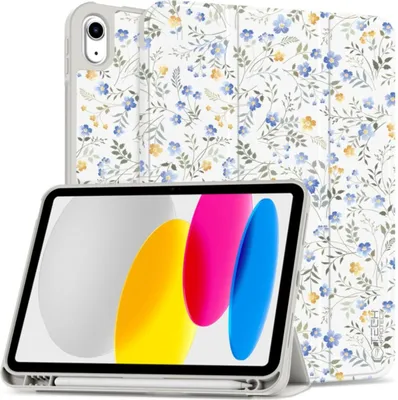 A tablet case with a floral pattern is shown with a tablet inside, propped up by the case.