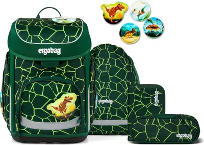 A set of school bags and accessories with a dinosaur theme, displayed against a white background.