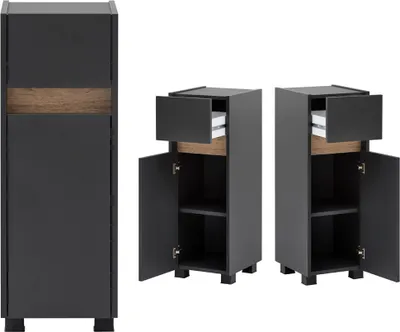 A product image showing a tall, narrow cabinet with a wood-colored accent strip and two smaller, open cabinets to its right, also on a white background.
