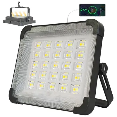 Immagine prodotto di Lampada da lavoro solare - Proiettore LED portatile con supporto - 300 W - 5 modalità di illuminazione - IP65 - Dimmerabile - Ricaricabile - Confezione da 1 pezzo