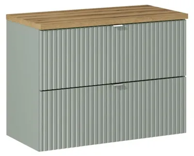 Produktbild von Ensemble ELVINA 80cm : Unterschrank mit Schubladen in Salbeigrün Grau + Arbeitsplatte für Waschbecken in dunkler Holzoptik