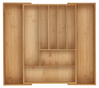 Obrázok produktu pre Relaxdays Prídržka na príbory, 7–9 priehradiek, výsuvná vložka do zásuvky na príbory, VxŠxH: 6 x 34–56 x 50 cm, bambus, prírodná farba