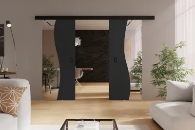 A modern living room with a sliding door system.