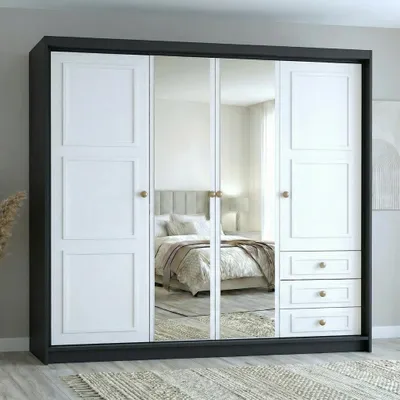 Produktbild von Geräumiger viertüriger Kleiderschrank OSLO mit Schubladen und Metallgriffen – modernes Design Farbe: Schwarz , Weiß