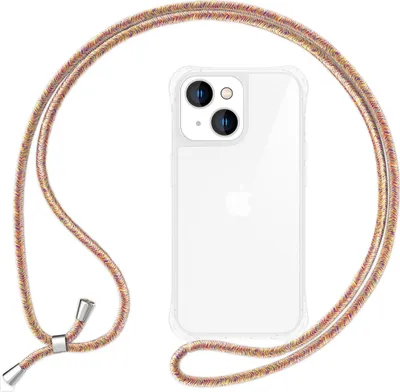 A clear, studio shot of a transparent iPhone case with a colorful lanyard attached, against a white background.