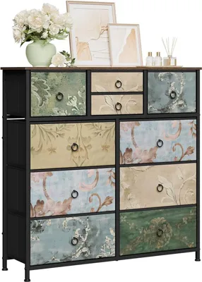 Produktbild von WOLTU Kommode mit 10 Schubladen aus Stoff, Sideboard, Metallrahmen, Vintage-Blumenmotiv