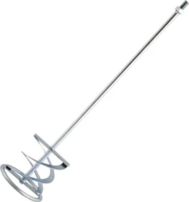 A silver mixer attachment for a drill, shown against a white background.