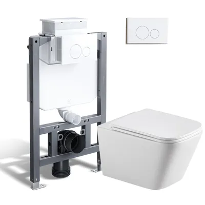 Produktbild von HOROW 82cm Vorwandelement Spülrandlose Toilette Set - Unterputz Spülkasten + Wand WC + weiß round Drückplatte