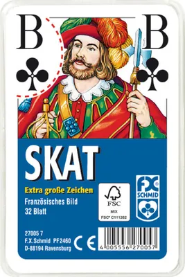 Produktbild von Klassisches Skatspiel, Französisches Bild mit großen Eckzeichen, 32 Karten in Klarsicht-Box Ravensburger 27005