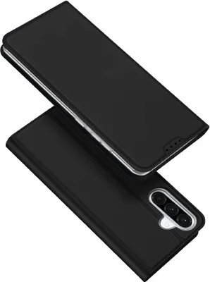 A black flip phone case is shown from a diagonal angle, with the phone inside the case visible.