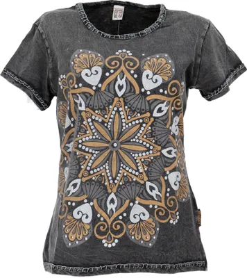Zdjęcie produktu dla Boho T-shirt z nadrukiem mandali, koszulka stonewashed - ciemnoszary, damski, bawełna, rozmiar: M