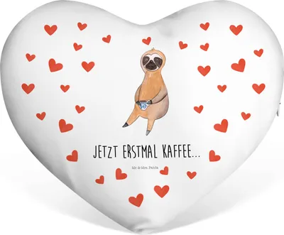 Produktbild von Mr. & Mrs. Panda Kuschelkissen Faultier Kaffee - Weiß - Geschenk, Sofakissen, Morgenmuffel, Kissen in Herzform, Coffee, Faultiere, Liebeskissen, dekoartikel, Dekokissen