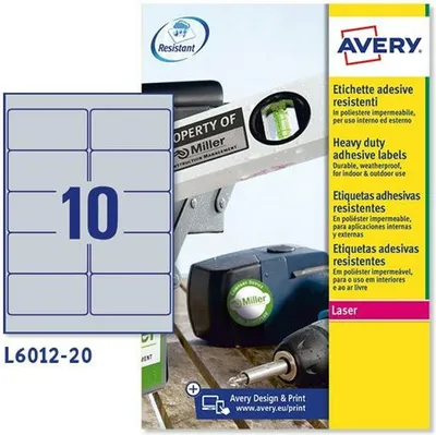 Zdjęcie produktu dla Avery L6012-20, Srebrny, Zaokrąglony prostokąt, Na stałe, 96 x 50.8 mm, A4, Poliester