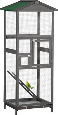 Produktbild von PawHut Großer Vogelkäfig 68 x 63 x 165 cm, Vogelhaus aus Tannenholz mit 2 Türen, abnehmbarem Tablett und hellgrauem Asphaltdach