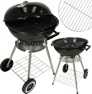 Two black charcoal grills are shown against a white background. The larger grill is in the foreground and is open, revealing the cooking grate. A smaller grill is in the background, also open. A close-up of a grill grate is shown in the upper right corner.