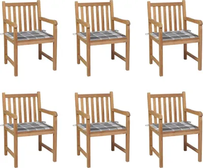 Produktbild von Gartenstühle 6 Stk. Graue Karomuster-Kissen Massivholz Teak