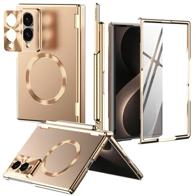 Image de Coque magnétique pour Samsung Galaxy Z Fold 8, coque de protection rigide avec protection pour l'écran, la charnière et l'appareil photo, ainsi qu'un support pour stylet et un stylet. Couleur : or