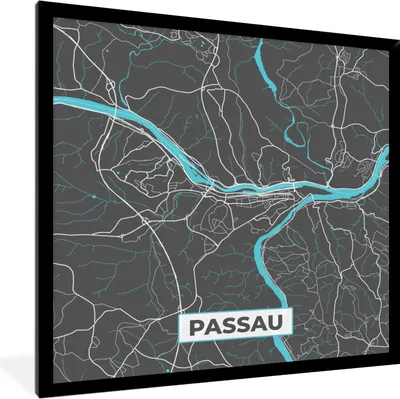 Produktbild von MuchoWow® Gerahmtes Poster Karte - Stadtplan - Passau - Deutschland - Blau 40x40 cm - Poster mit Schwarzem Bilderrahmen Wandposter Rahmen Foto Bilder - Mit Rahmen - Wanddekoration Schlafzimmer