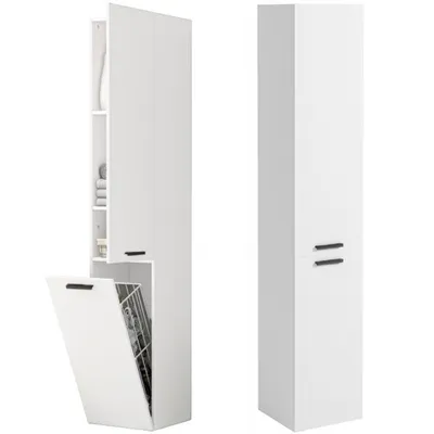 Two views of a tall, narrow white cabinet, one with a drawer pulled out revealing a laundry basket.