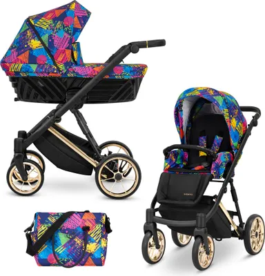 Produktbild von Kinderwagen IVENTO Sportwagen Babywagen Babyschale Komplettset Kinder Wagen Set 2 in 1 (Colors Impresion, Rahmenfarbe: Gold)