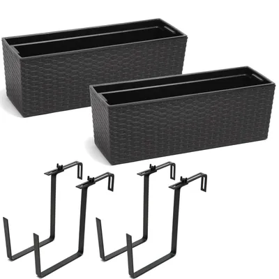 Obrázok produktu pre 2 ks kvetináč balkón box zábradlie box kvetináč balkón hrniec \ držiak kov \ čierny ratan 56 x15x19 cm kvetináč