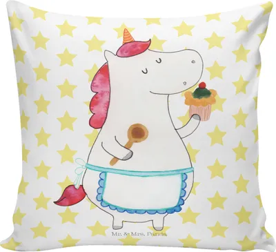 Produktbild von Mr. & Mrs. Panda Couchkissen Einhorn Küche - Weiß - Geschenk, Dekokissen, Kissen, Deko, Unicorn, Polster, Muffin, Kuchen, Sofakissen, Torte, Koch, für sofa, Backen