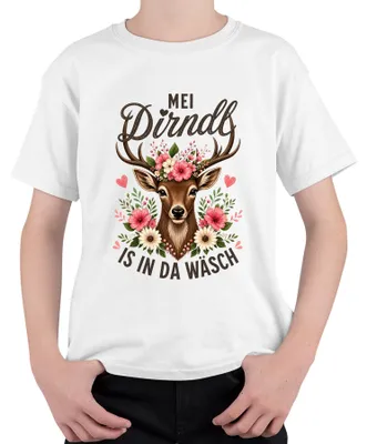 Obrázok produktu pre Mei Dirndl, dámske tradičné slovenské oblečenie, vzor "Reh Kitz Blumen", kožená nohavica, alpínske motívy, detské tričko, biela farba, veľkosť 116