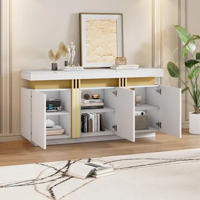 Obrázek produktu pro Moderní bílá komoda 140*38*70 cm: 3 dvířka, nastavitelné přepážky, police bez úchytek (kuchyně/obývací pokoj/jídelna/chodba)