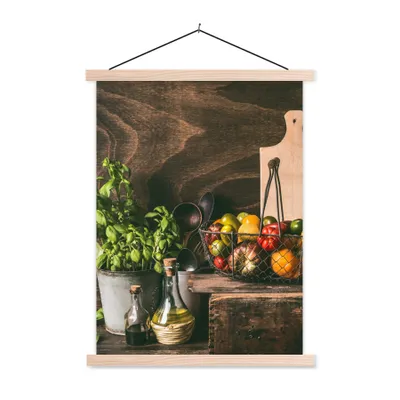 Produktbild von MuchoWow® Textilposter Gemüse - Kräuter - Rustikal - Stilleben - Basilikum 40x53 cm mit holzfarbenen Rahmen - Schlafzimmer