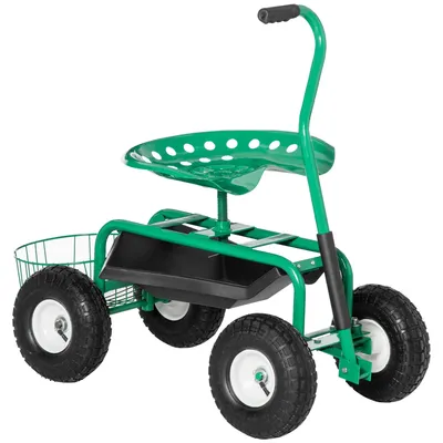 Image de Siège de jardin mobile - Tabouret de jardin sur roulettes - Surface de rangement - Siège pivotant - Poignée mobile - Métal et caoutchouc - Capacité de charge jusqu'à 150 kg - Vert