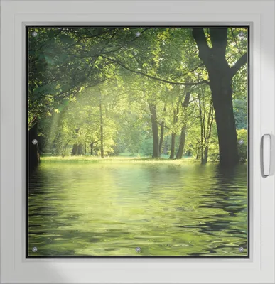 Produktbild von Wallario Lichtschutzbild, Dekorativer Sichtschutz Sonnenschutz 96 x 93 cm mit Motiv: Idyllischer See im Wald bei Sonnenschein - Verdunklung ohne Bohren