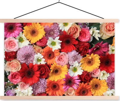 Produktbild von MuchoWow® Textilposter Blumen - Farben - Gerbera - Rosen 120x80 cm mit holzfarbenen Rahmen - Aufhängeset