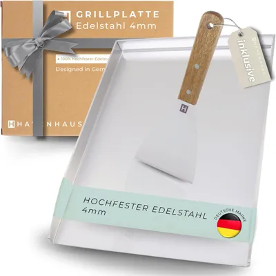 Produktbild von HAVENHAUS Plancha Grillplatte Edelstahl [40x30cm] | Massive Grillplatte 4mm dicke Plancha Grillplatte Gasgrill & Kohlegrill | Edelstahl Plancha 100%